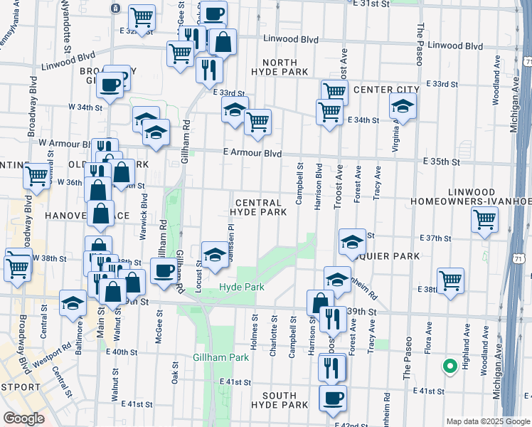 map of restaurants, bars, coffee shops, grocery stores, and more near 3634A Holmes Street in Kansas City