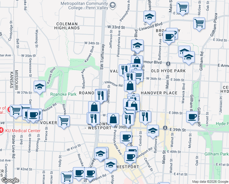 map of restaurants, bars, coffee shops, grocery stores, and more near 3618 Pennsylvania Avenue in Kansas City