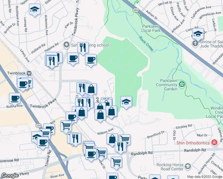 map of restaurants, bars, coffee shops, grocery stores, and more near 12401 Village Square Terrace in Rockville