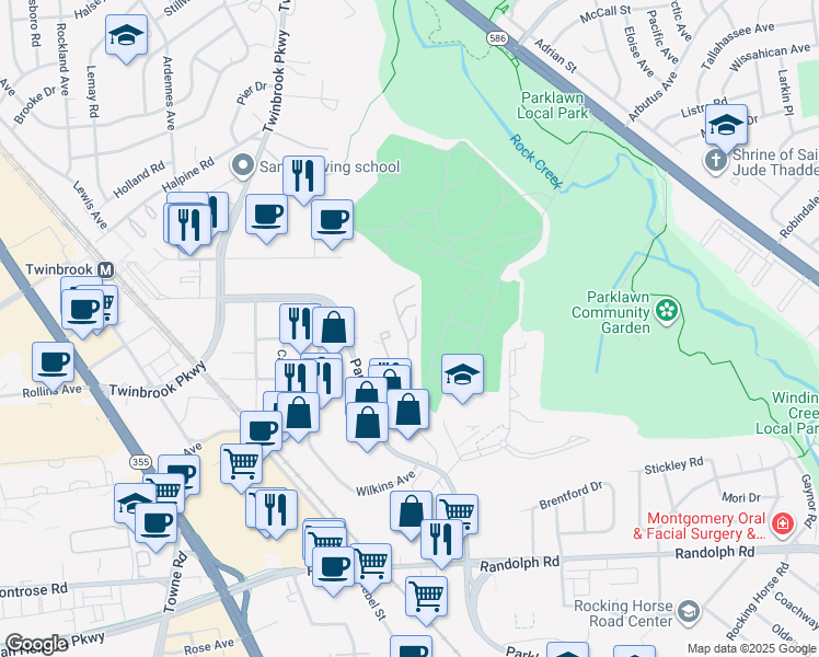 map of restaurants, bars, coffee shops, grocery stores, and more near 12401 Village Square Terrace in North Bethesda