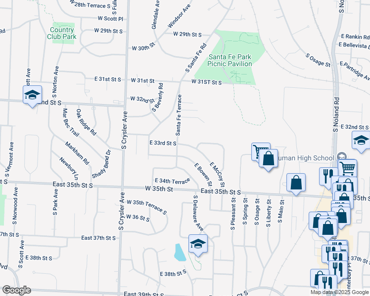map of restaurants, bars, coffee shops, grocery stores, and more near 12603 East Bowen Street in Independence