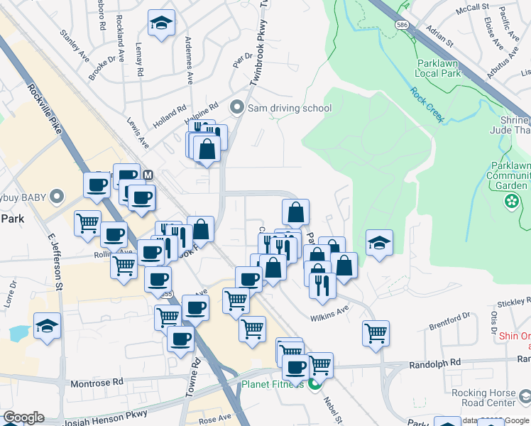 map of restaurants, bars, coffee shops, grocery stores, and more near 12420 Parklawn Drive in Rockville