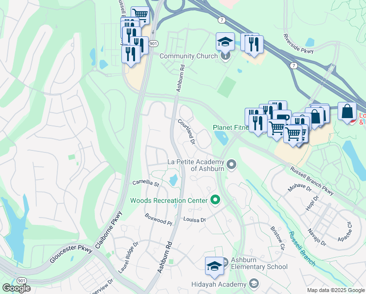map of restaurants, bars, coffee shops, grocery stores, and more near 20100 Crew Square in Ashburn