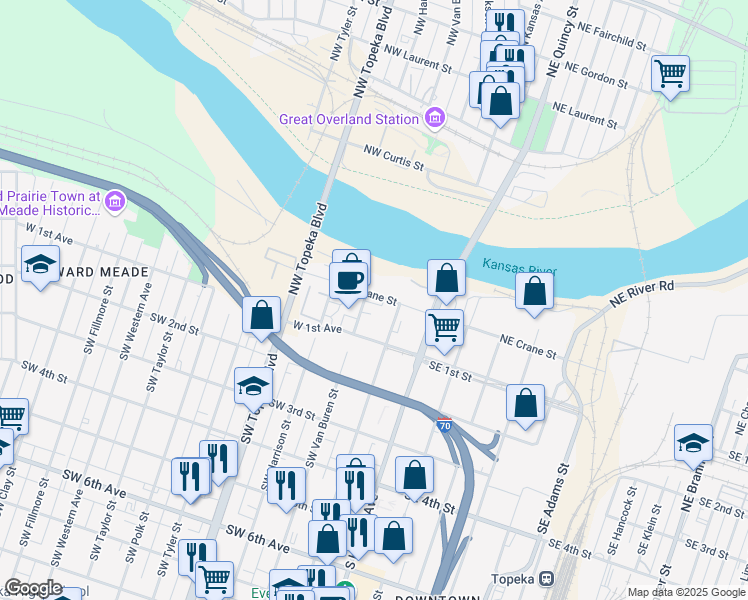 map of restaurants, bars, coffee shops, grocery stores, and more near 117 Northwest Jackson Street in Topeka