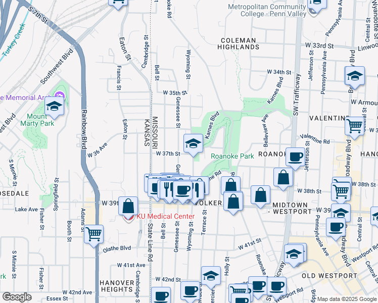 map of restaurants, bars, coffee shops, grocery stores, and more near 1600 West 37th Street in Kansas City