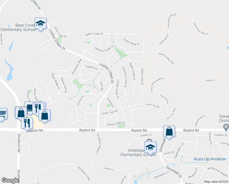 map of restaurants, bars, coffee shops, grocery stores, and more near 15660 Candle Creek Drive in Monument