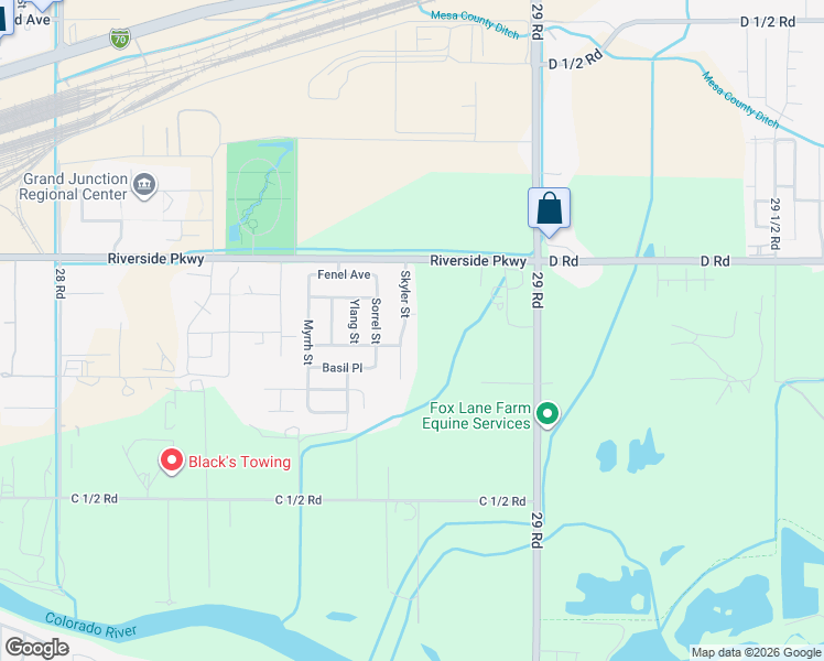 map of restaurants, bars, coffee shops, grocery stores, and more near 381 Skyler Street in Grand Junction