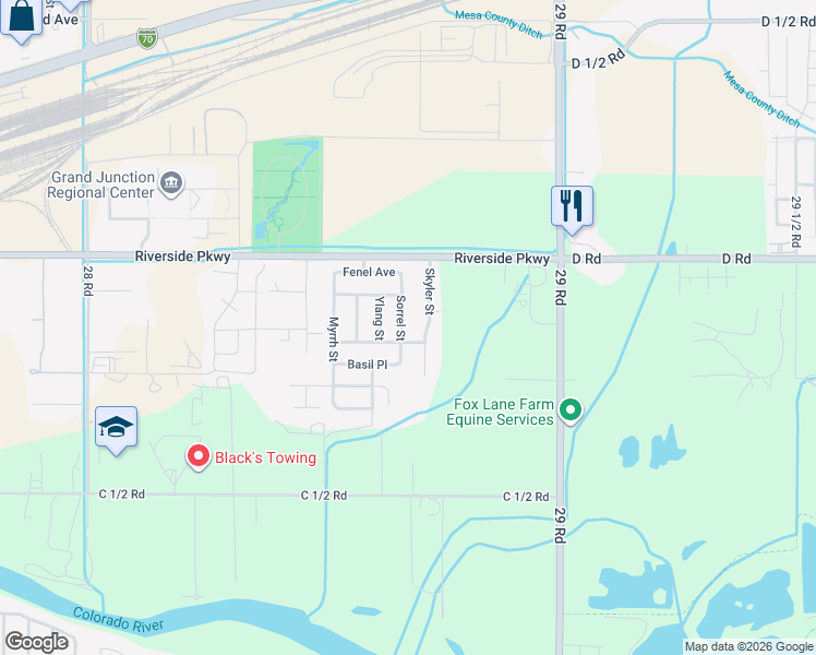 map of restaurants, bars, coffee shops, grocery stores, and more near 381 Skyler Street in Grand Junction