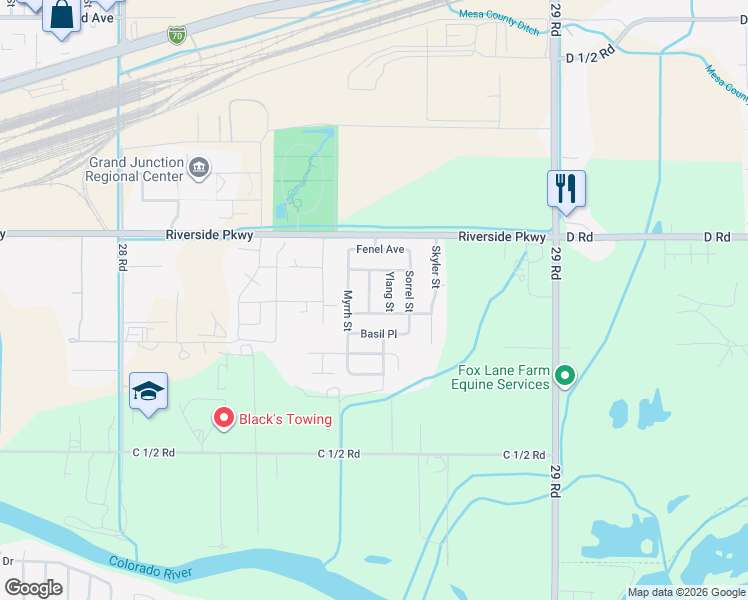 map of restaurants, bars, coffee shops, grocery stores, and more near 2853 Mason Drive in Grand Junction