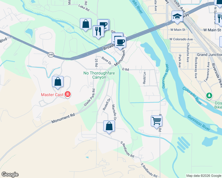 map of restaurants, bars, coffee shops, grocery stores, and more near 375-377 S Redlands Rd in Grand Junction
