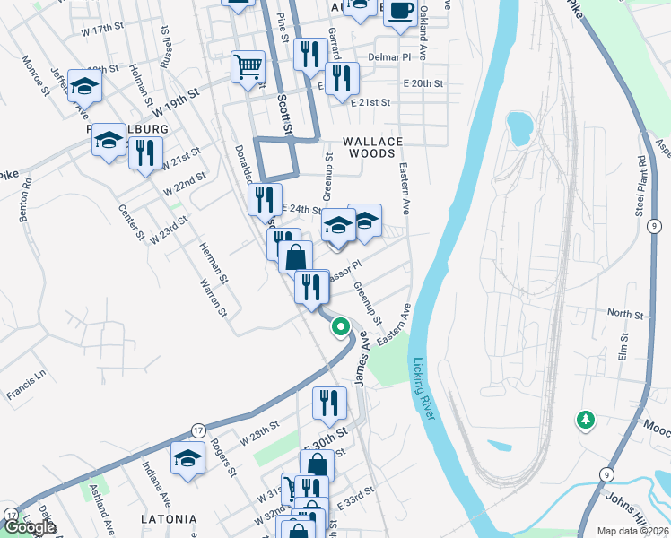 map of restaurants, bars, coffee shops, grocery stores, and more near 26 East 26th Street in Covington