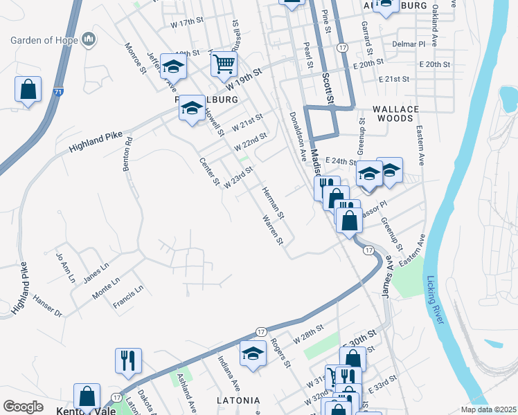map of restaurants, bars, coffee shops, grocery stores, and more near 2430 Wood Street in Covington