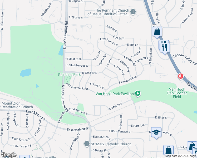 map of restaurants, bars, coffee shops, grocery stores, and more near 16408 East 33rd Street South in Independence