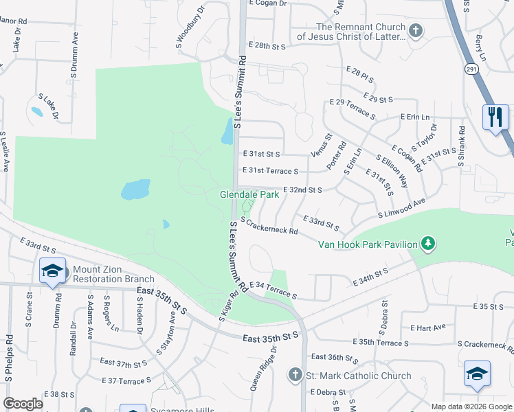 map of restaurants, bars, coffee shops, grocery stores, and more near 3220 South Trail Ridge Avenue in Independence