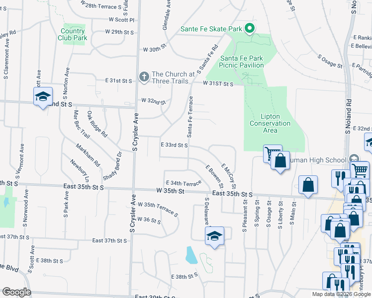 map of restaurants, bars, coffee shops, grocery stores, and more near 12603 East Bowen Street in Independence