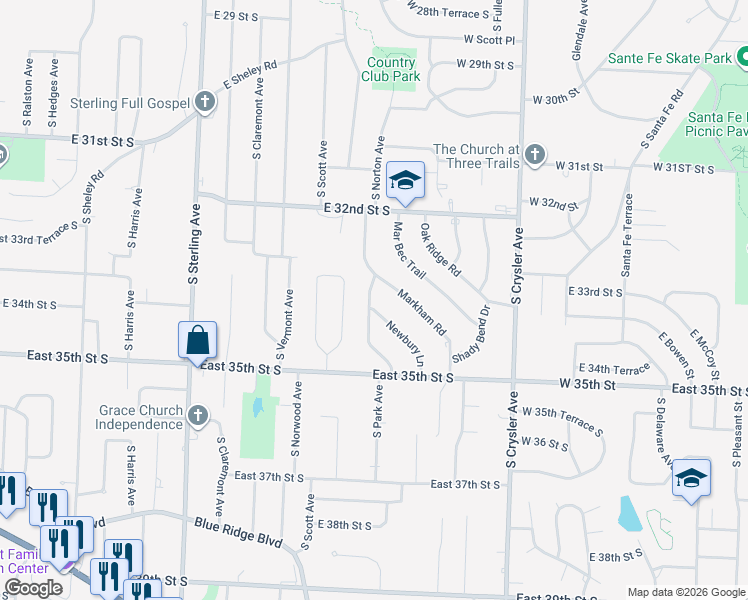 map of restaurants, bars, coffee shops, grocery stores, and more near 12000 Newbury Lane in Independence