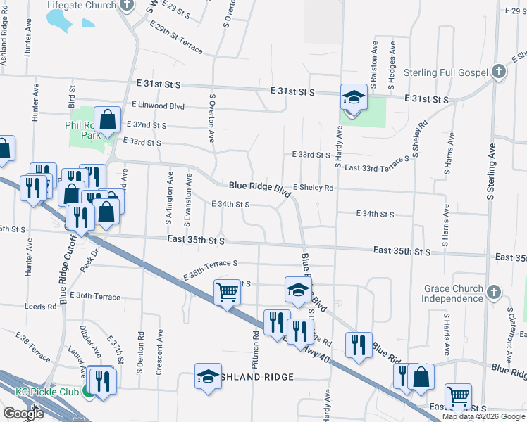 map of restaurants, bars, coffee shops, grocery stores, and more near 3416 South Home Avenue in Independence
