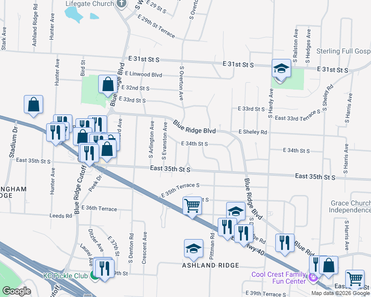 map of restaurants, bars, coffee shops, grocery stores, and more near 3411 Overton Terrace in Independence