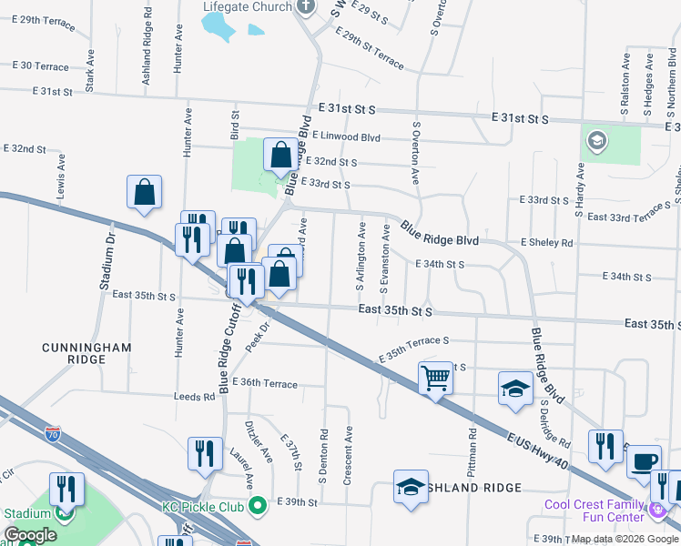 map of restaurants, bars, coffee shops, grocery stores, and more near 3428 South Arlington Avenue in Independence