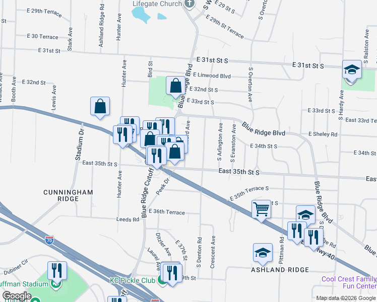 map of restaurants, bars, coffee shops, grocery stores, and more near 9320 East 35th Street South in Independence