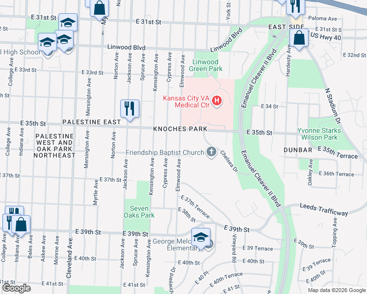 map of restaurants, bars, coffee shops, grocery stores, and more near 3601 Elmwood Avenue in Kansas City