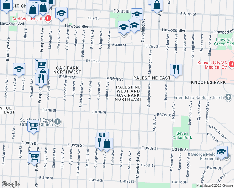 map of restaurants, bars, coffee shops, grocery stores, and more near 3610 Askew Avenue in Kansas City