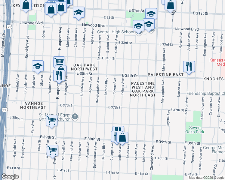 map of restaurants, bars, coffee shops, grocery stores, and more near 3617 College Avenue in Kansas City
