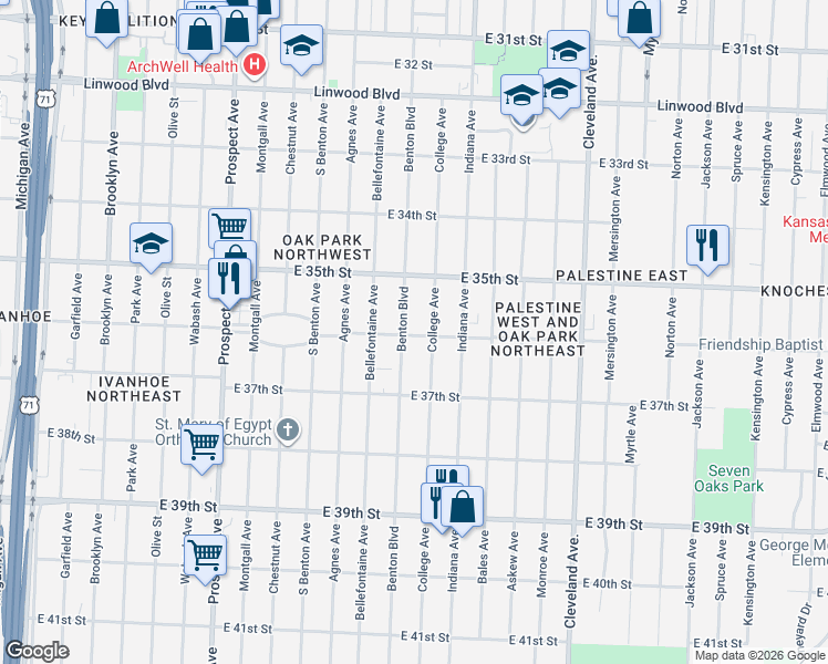 map of restaurants, bars, coffee shops, grocery stores, and more near 3615 Benton Boulevard in Kansas City