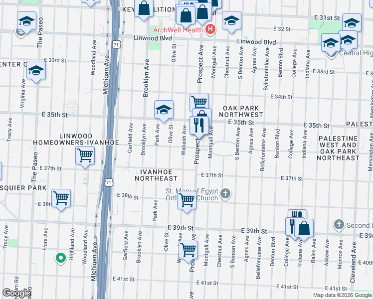 map of restaurants, bars, coffee shops, grocery stores, and more near 3629 Wabash Avenue in Kansas City