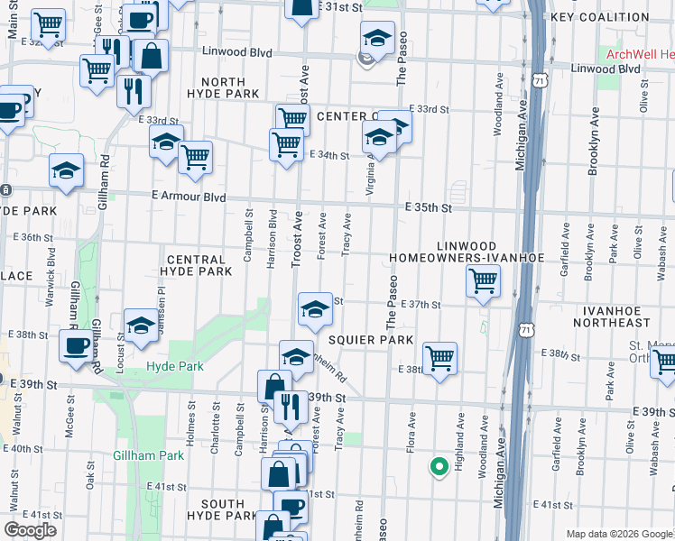 map of restaurants, bars, coffee shops, grocery stores, and more near 3639 Forest Avenue in Kansas City