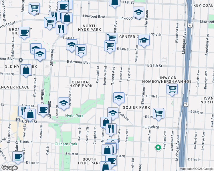 map of restaurants, bars, coffee shops, grocery stores, and more near 3636 Troost Avenue in Kansas City