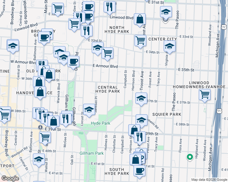 map of restaurants, bars, coffee shops, grocery stores, and more near 3639 Charlotte Street in Kansas City