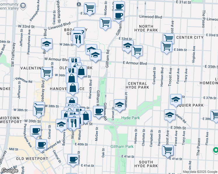 map of restaurants, bars, coffee shops, grocery stores, and more near 400 East 37th Street in Kansas City