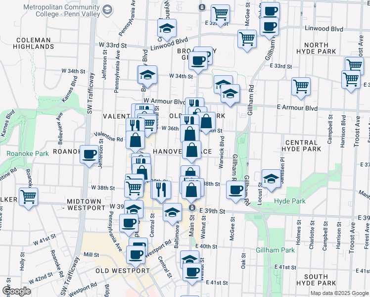 map of restaurants, bars, coffee shops, grocery stores, and more near 3701 Baltimore Avenue in Kansas City