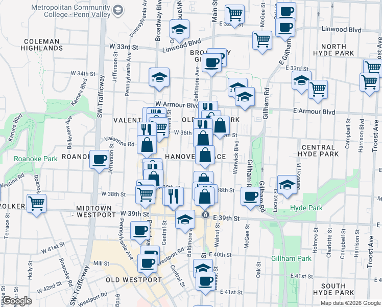 map of restaurants, bars, coffee shops, grocery stores, and more near 3701 Baltimore Avenue in Kansas City