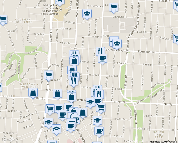 map of restaurants, bars, coffee shops, grocery stores, and more near 219 West 37th Street in Kansas City