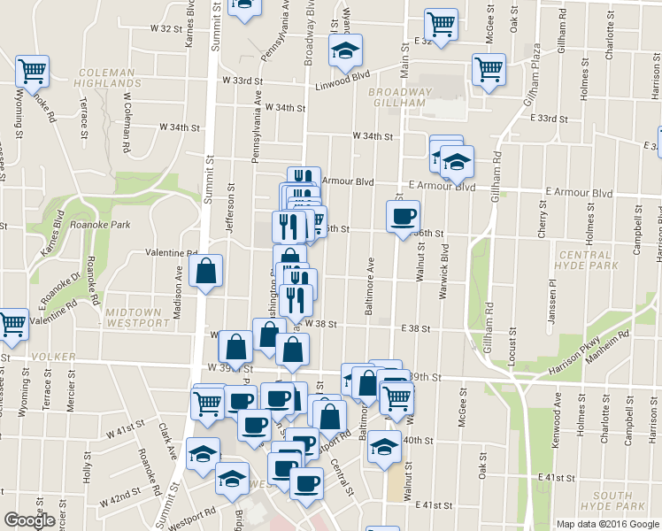 map of restaurants, bars, coffee shops, grocery stores, and more near 219 West 37th Street in Kansas City