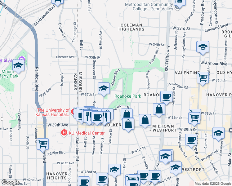 map of restaurants, bars, coffee shops, grocery stores, and more near 3716 East Roanoke Drive in Kansas City