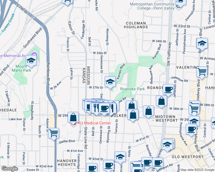 map of restaurants, bars, coffee shops, grocery stores, and more near 3719 Wyoming Street in Kansas City