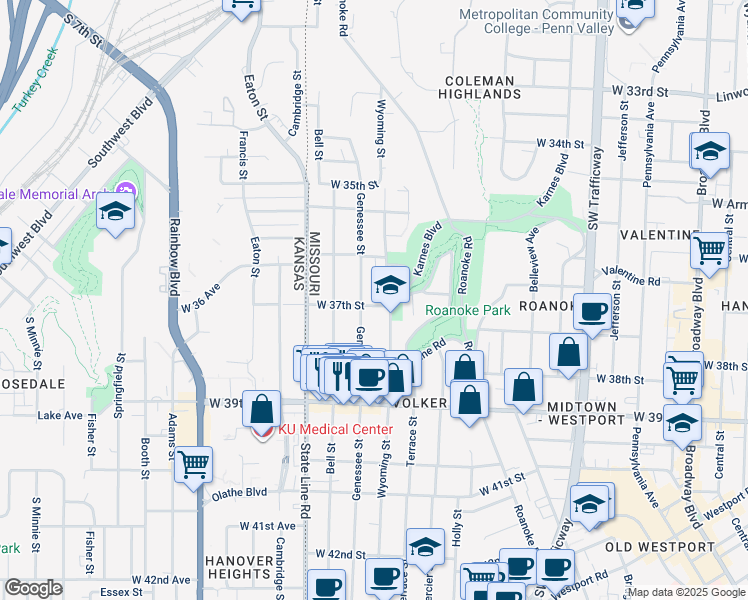 map of restaurants, bars, coffee shops, grocery stores, and more near 3711 Genessee Street in Kansas City