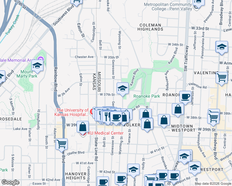 map of restaurants, bars, coffee shops, grocery stores, and more near 3725 Genessee Street in Kansas City