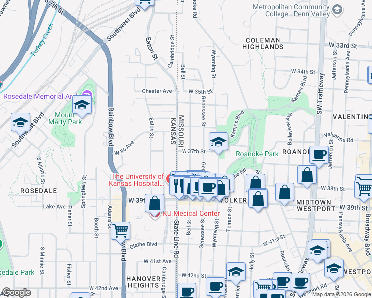 map of restaurants, bars, coffee shops, grocery stores, and more near 3716 Bell Street in Kansas City
