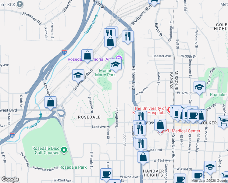 map of restaurants, bars, coffee shops, grocery stores, and more near 3724 Springfield Street in Kansas City