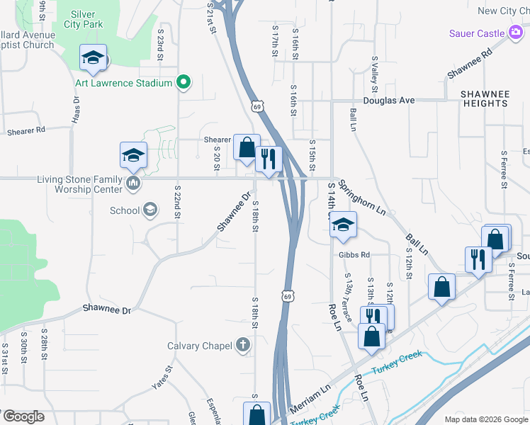 map of restaurants, bars, coffee shops, grocery stores, and more near 2217 South 18th Street in Kansas City