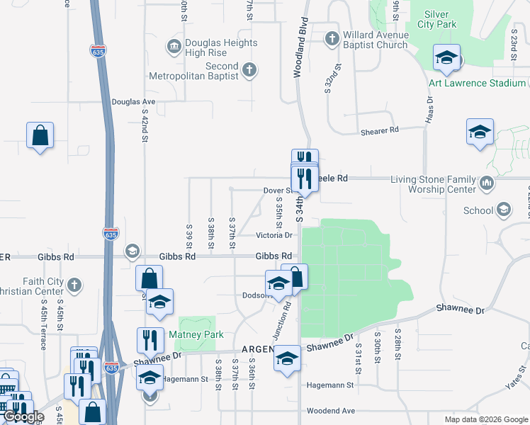 map of restaurants, bars, coffee shops, grocery stores, and more near 2212 South 35th Street in Kansas City