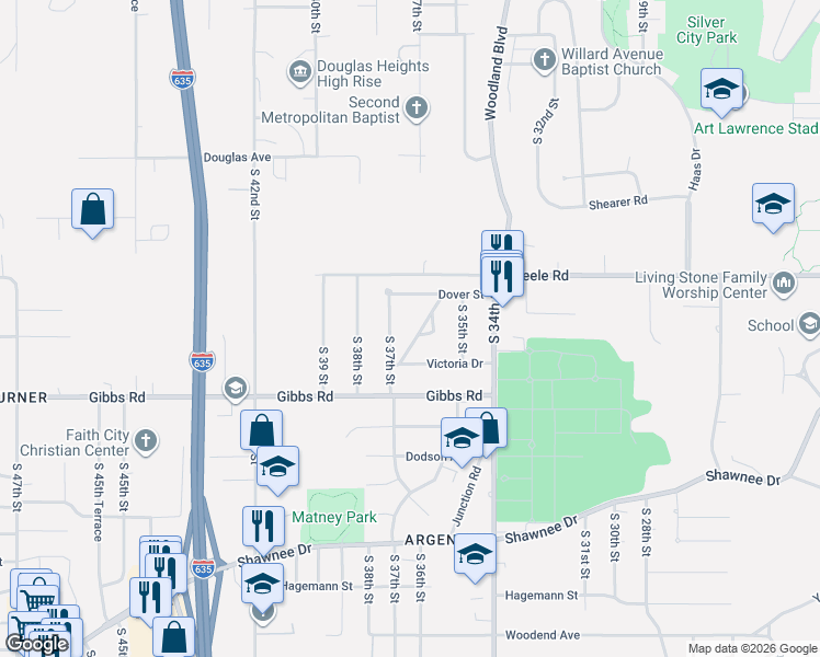 map of restaurants, bars, coffee shops, grocery stores, and more near 3620 Victoria Drive in Kansas City