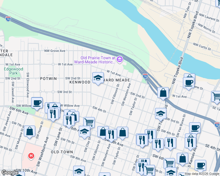 map of restaurants, bars, coffee shops, grocery stores, and more near 221 Southwest Fillmore Street in Topeka