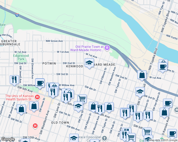 map of restaurants, bars, coffee shops, grocery stores, and more near 1111 Southwest 3rd Street in Topeka