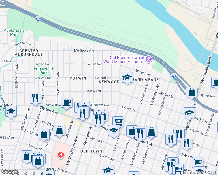 map of restaurants, bars, coffee shops, grocery stores, and more near 1311 Southwest 3rd Street in Topeka