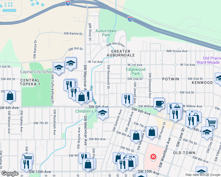 map of restaurants, bars, coffee shops, grocery stores, and more near 2301-2351 Southwest 3rd Street in Topeka